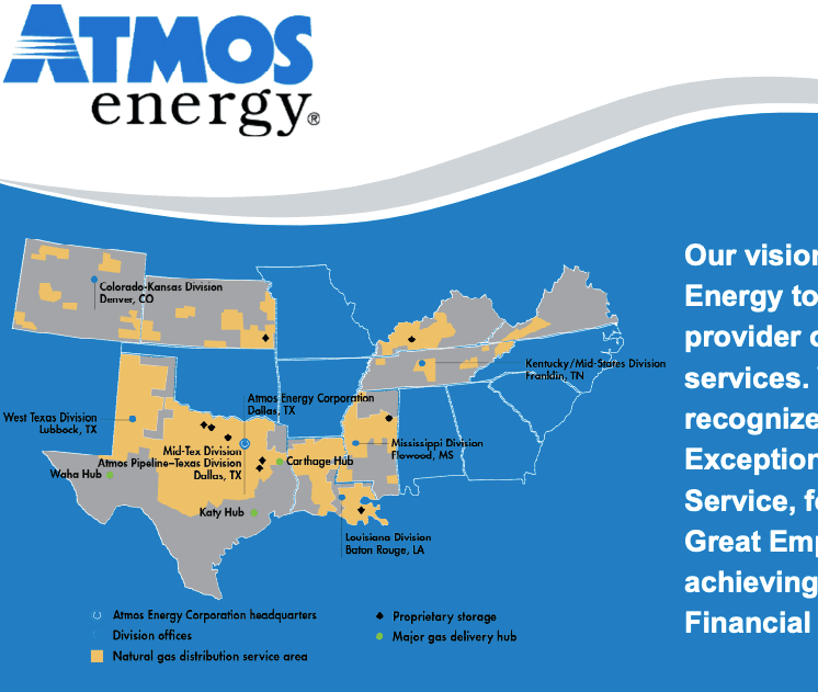 Image from the first slide of a previous earnings call, with a map representing the Atmos Energy service areas and some text that is cropped off