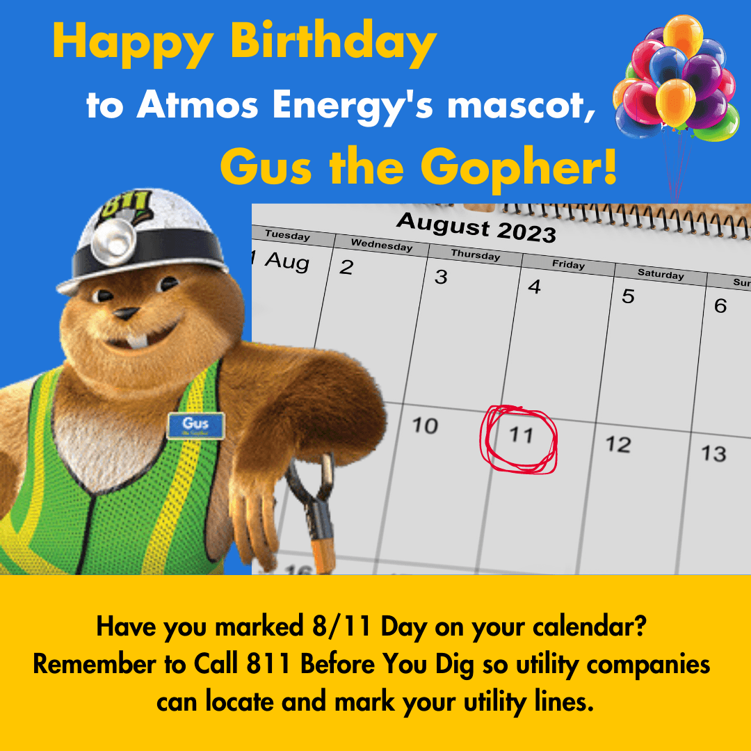 Gus the Gopher leaning on an August calendar